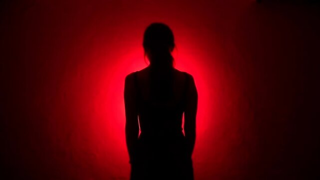 silhouette of a woman standing against a glowing red light