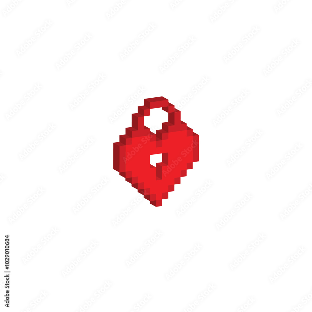 Poster isometric 3d pixel heart lock icon vector pixel art for 8 bit game
