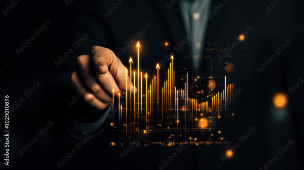 Poster a businessman points towards a digital interface with glowing graphs and upward arrows, symbolizing 