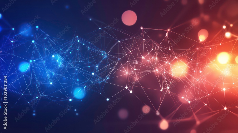 Poster abstract background with blue and red glowing lines and bokeh.