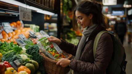 A woman browses fresh produce at a grocery store, carefully inspecting vegetables while holding a basket. The warm lighting creates a cozy atmosphere, enhancing the shopping experience.