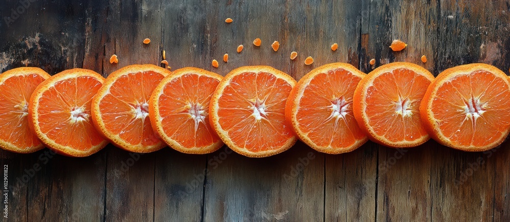 Poster a row of sliced oranges arranged in a line on a rustic wooden surface.