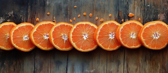 A row of sliced oranges arranged in a line on a rustic wooden surface.