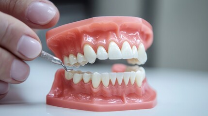 Fototapeta premium Close-up of a dental hygienistâ€™s hand using a scaler on a model.