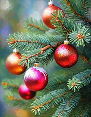 Colorful Christmas decorations adorn the branches of a spruce tree, vibrant balls in shades of red, gold, and pink, embodying holiday cheer in winter. Happy New Year art background. Generative AI