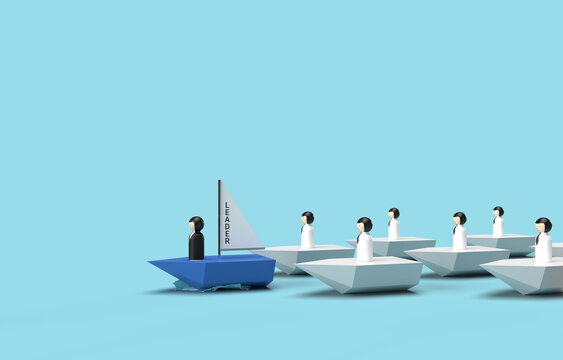 Leadership Concept with Leader in Blue Sailboat Leading Team