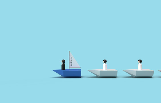 Leadership Concept with Leader in Blue Sailboat Leading Team