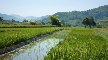 A Water Channel Through Lush Green Rice Paddies with a Mountain Range in the Background