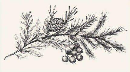 Hand-drawn sketch of a pine branch with a cone and berries, perfect for winter, holiday, or nature themed designs.
