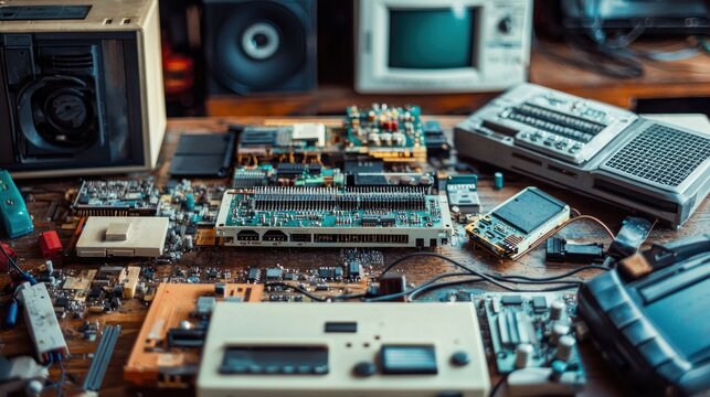 A collection of outdated computer components and peripherals on a table.
