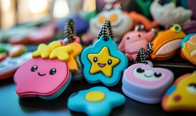 Colorful, cartoon character toys on black surface.
