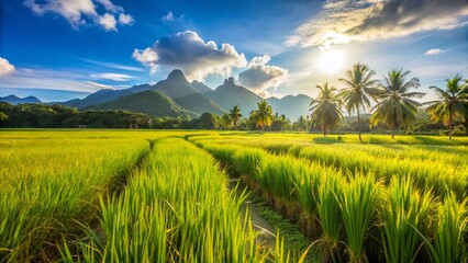 Lush Green Rice Field in Summer: A Tropical Island's Healthy Diet Cultivation