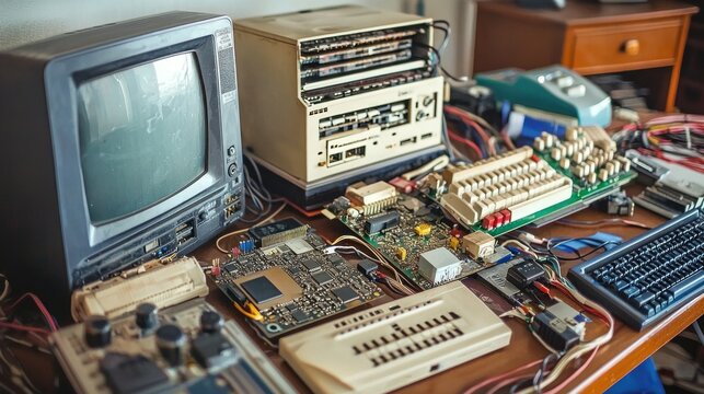 A collection of outdated computer components and peripherals on a table.