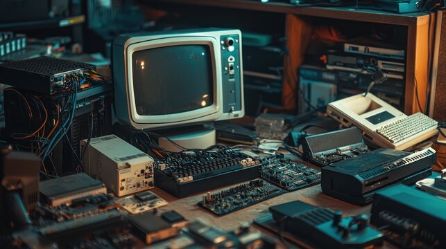 A collection of outdated computer components and peripherals on a table.
