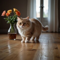 A fluffy, ginger cat walks towards the camera in front of a vase of orange flowers on a wooden floor.