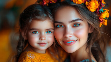 Obraz premium Portrait mum and daughter with Catrina make up look at camera, on yellow background.