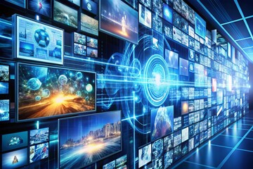 Digital data technology background with blue light Digital cyber space High speed internet digital data transfer future technology