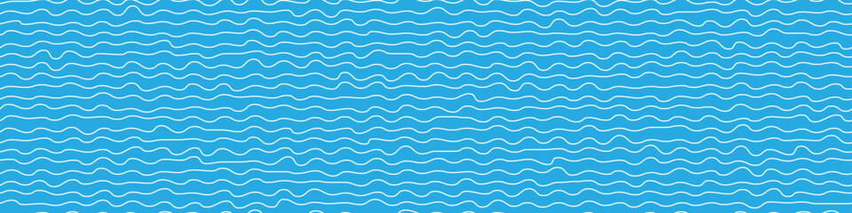 Squiggly white lines on blue bg as a seamless pattern imitated sea. Horizontal curvy stripes or groovy waves. Simple vector illustration