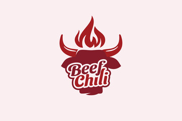 beef chili logo with a combination of a cow head, fire and chili as horns. It's good for restaurant, cafe, food truck, etc.