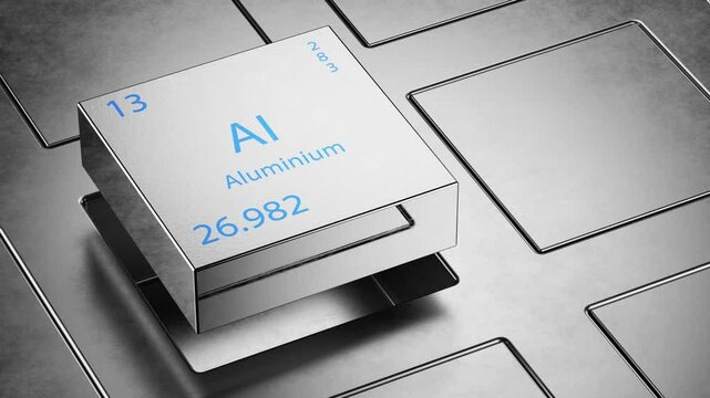 Aluminum, element of the periodic table. Element aluminum on a metallic background. Moving metal cube with the inscription of the chemical element aluminum, name of the chemical element.