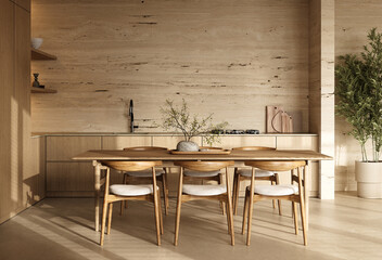 Minimalist kitchen with a wooden table and serene decor, 3d rendering