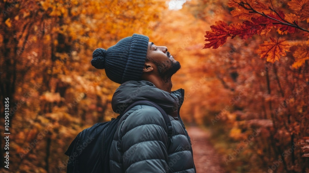 Poster a man enjoys the beauty of autumn as he gazes up at colorful leaves in a tranquil forest. the vibran