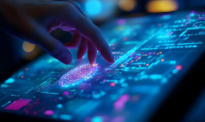 Fototapeta premium Hand Interacting with Digital Screen Displaying Data