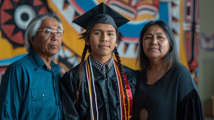 Fototapeta premium A Native American student in a cap and gown posing with their parents, standing in front of a graduation backdrop.