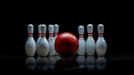 Naklejka premium A dynamic image of a bowling ball striking down pins, captured mid-action against a sleek black background, enhanced by backlighting that emphasizes the motion and energy of the sc
