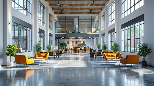 Open Office Concept: A spacious and modern office layout with collaborative work areas and contemporary design elements, ideal for illustrating teamwork and corporate culture. High resolution