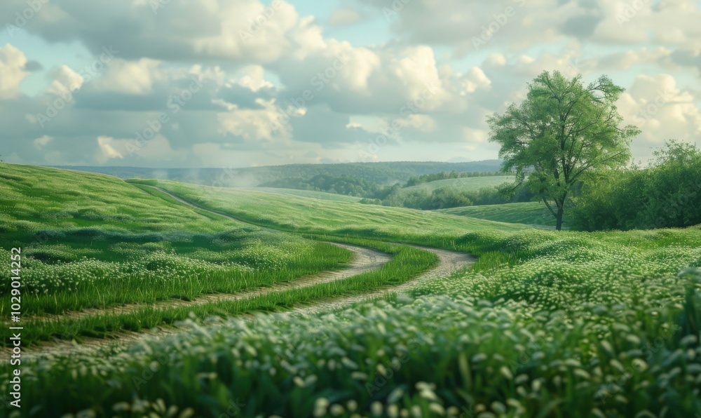 Canvas Prints Lush green field with a winding country road, 4K hyperrealistic photo