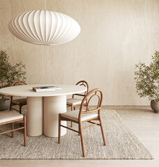 Modern minimalist dining room featuring elegant lighting and complemented by natural decor, 3d rendering