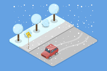 3D Isometric Flat Vector Illustration of Driving At Winter Season, Ensuring Safety On Icy Roads