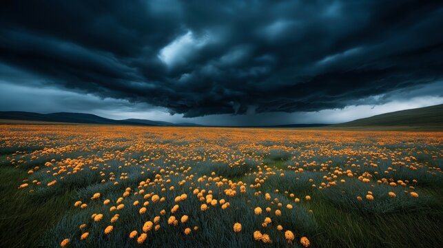 A vast field of orange flowers under a dramatic dark cloudy sky, indicating an impending storm. The landscape stretches into distant rolling hills.