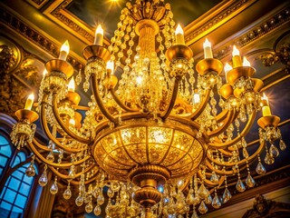 Obraz premium Luxurious Golden Chandelier with Crystals - Opulent Aerial Photography for Stylish Homes and Elegant Spaces