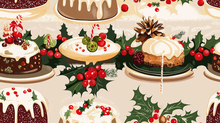 Christmas pudding, fruitcake, and festive desserts, set against a table adorned with holly and candles