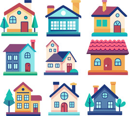 Conjunto de nueve casas coloridas en estilo de dibujo animado. Cada casa tiene un diseño único con diferentes formas de techos, ventanas y chimeneas. Los colores vivos incluyen tonos de azul, rojo, am