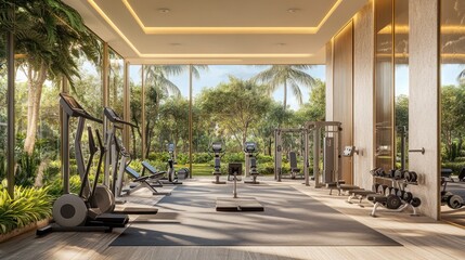 Modern gym with large windows overlooking a lush tropical garden.