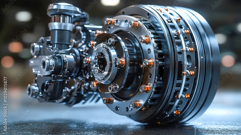 Poster close-up of a shiny metallic car brake system, showcasing intricate details of the component in a mo