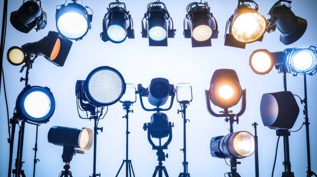 A close-up of various stage lighting fixtures arranged on a production set. Isolated white background