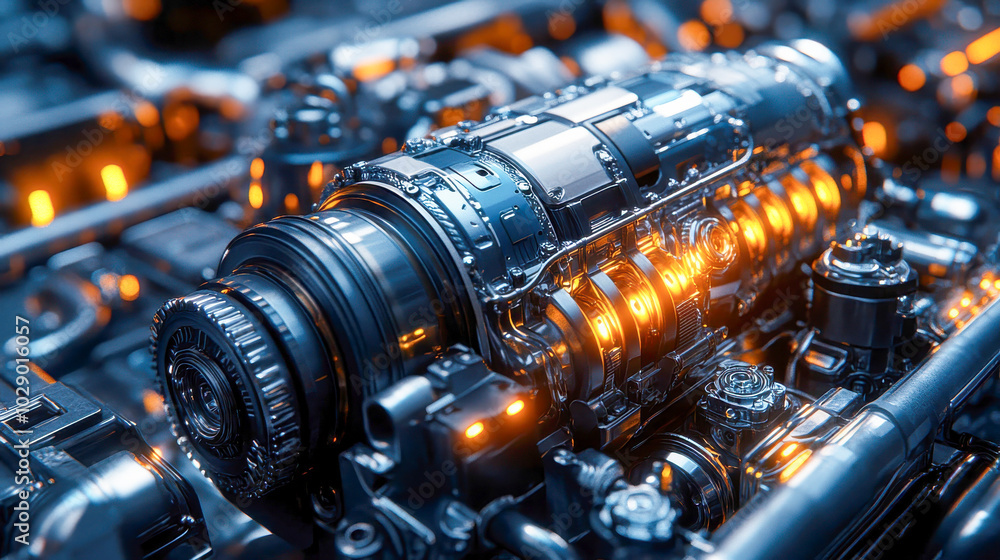 Poster detailed view of a modern car engine with yellow and black elements, emphasizing precision and autom