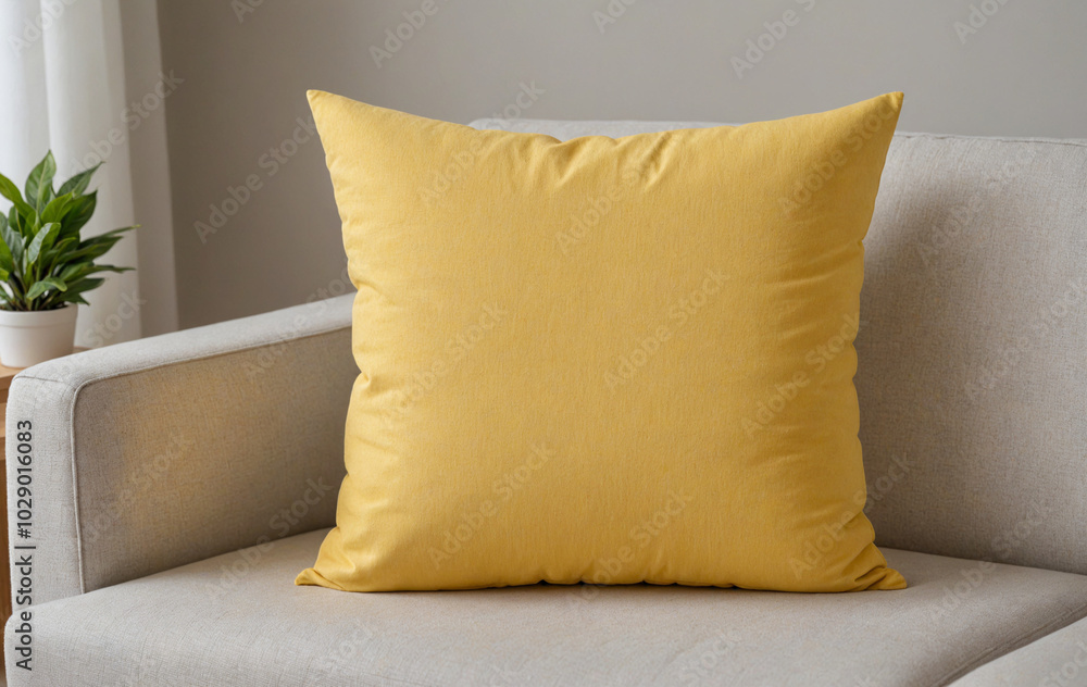 Wall mural mockup of a yellow pillows with wooden chair with window light and green decoration plants