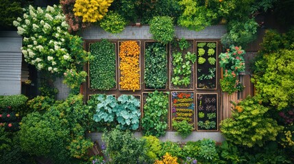 An aerial view of a raised garden bed with various plants and vegetables.