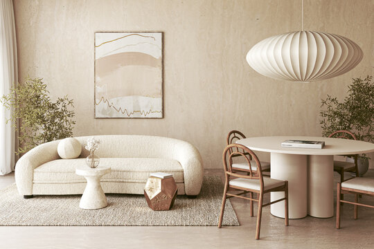 Fototapeta Stylish and modern living room featuring elegant decor with light colors throughout the space, 3d rendering