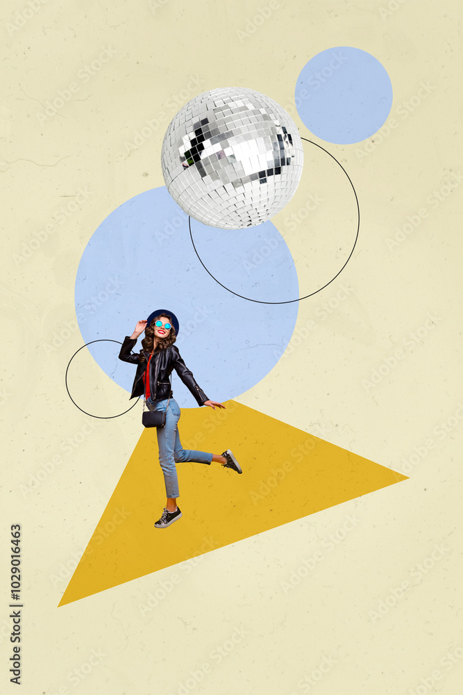 Poster Vertical photo collage of happy hipster girl disco ball weekend occasion entertainment wear stylish clothes isolated on painted background