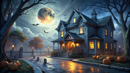An artistic 3D depiction of a Halloween atmosphere, complete with a realistic horror home and an ominous moonlit street.