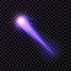 Light effect with a burning comet highlight, meteor, shooting star. A transparent purple design element. An isolated neon ray on a dark background. Perfect for space designs. Vector illustration. © Iuliia Savko