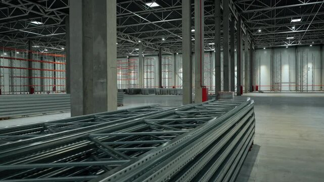 Emty Warehouse under Constroction and Steel Beam Storage System