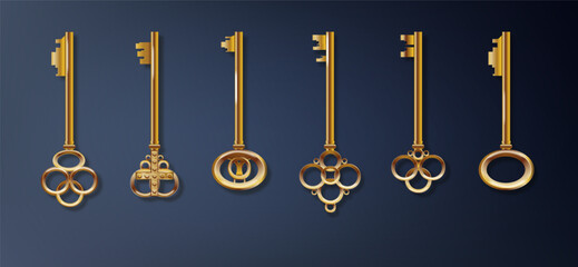 Key 3d realistic golden old vintage. Old luxury escape room keys. Vector