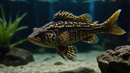 Fototapeta premium A large, yellow and black striped fish with a prominent head swims in a fish tank.